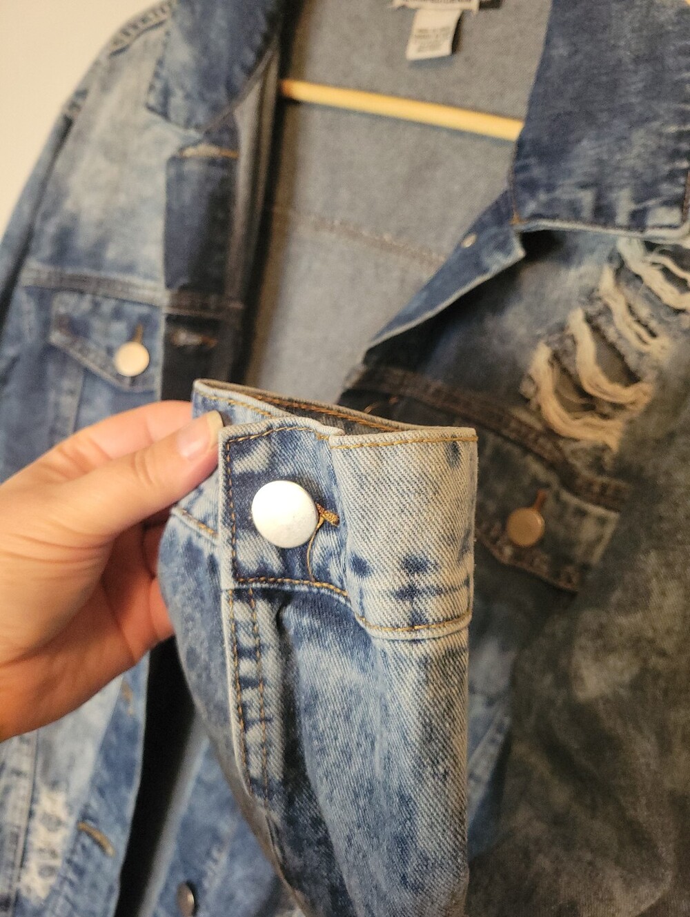 Revamped Light Blue Acid Wash Distressed Long Jean Jacket - Picture 4 of 7